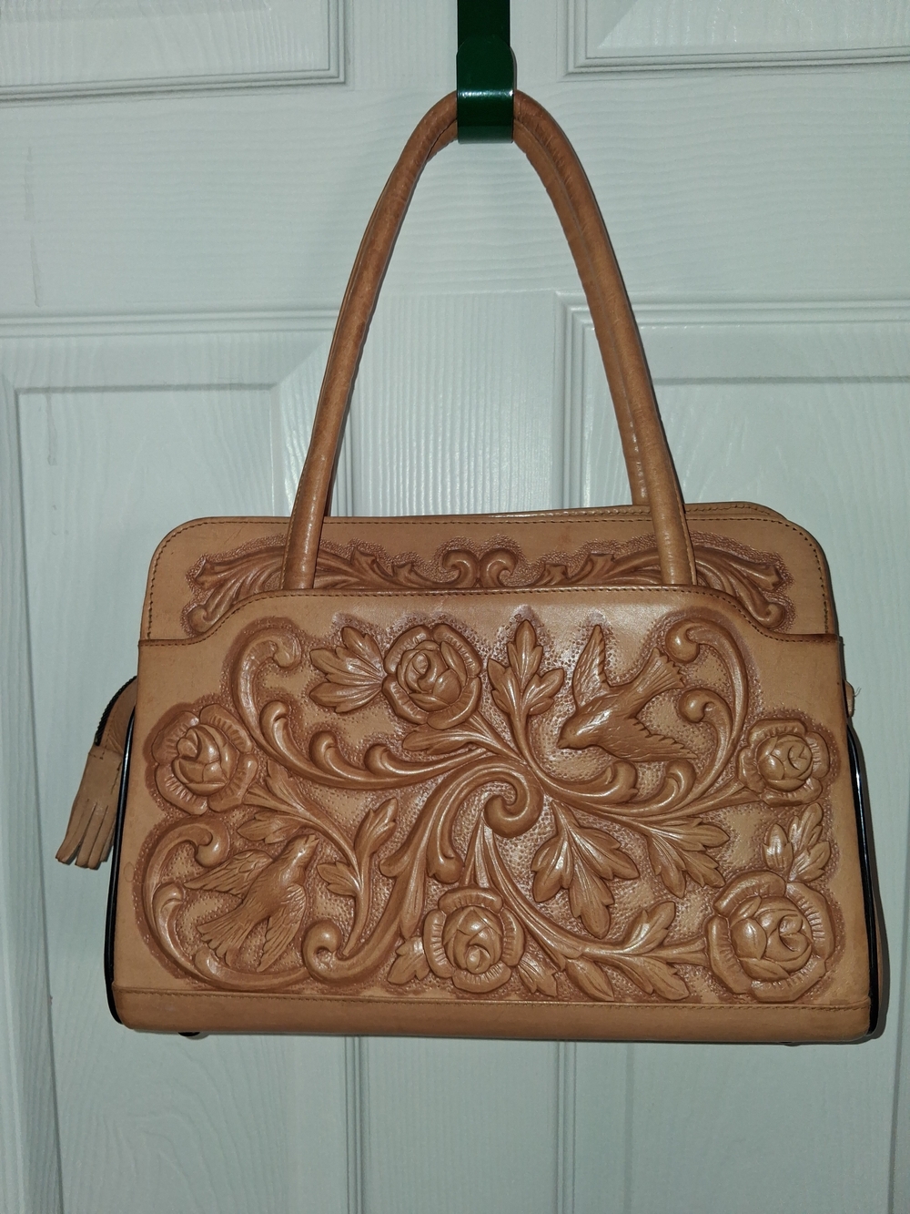 Vintage Tooled Yellow Leather Purse Handbag Mont Amur Mexico Double Handle Rose